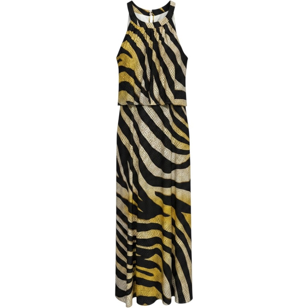 Chicos Animal Print Halter Maxi‎ Dress Yellow Black Tiered Size 3 XL resortwear